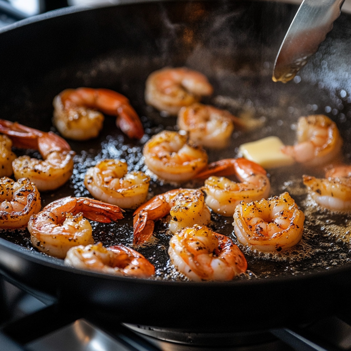 Shrimp sizzling in a hot skillet with melted butter and seasonings, steam rising as a spoon hovers above during cooking.