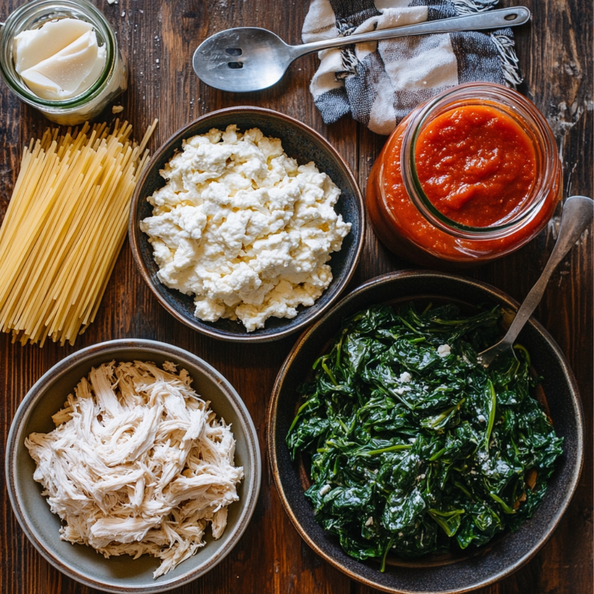 A rustic wooden surface with ingredients for chicken spinach lasagna: uncooked lasagna noodles, ricotta cheese, marinara sauce, shredded chicken, wilted spinach, and shaved Parmesan cheese