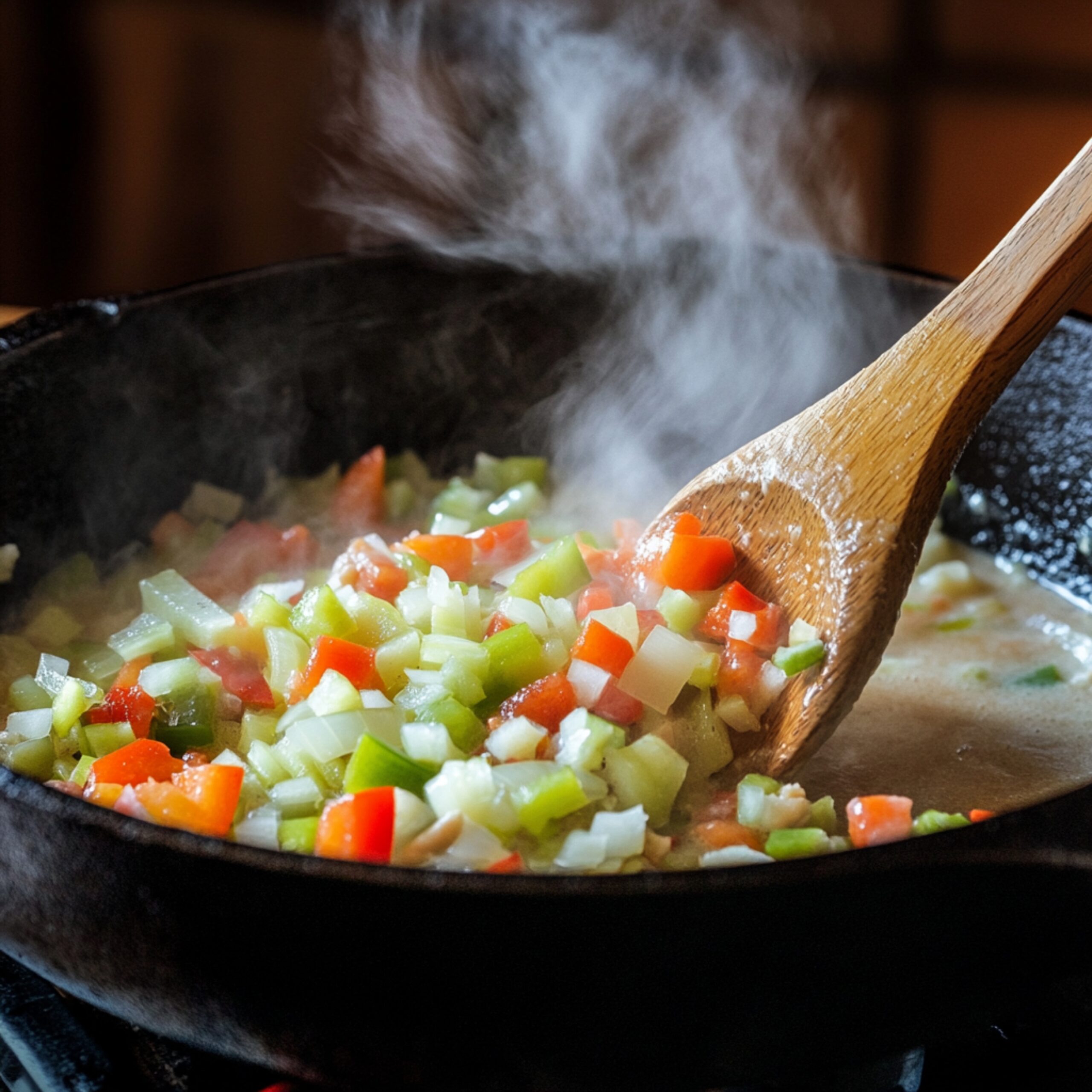 Diced onions, bell peppers, and celery simmering in a cast iron skillet with steam rising. A wooden spoon is stirring the vegetables in the pan.