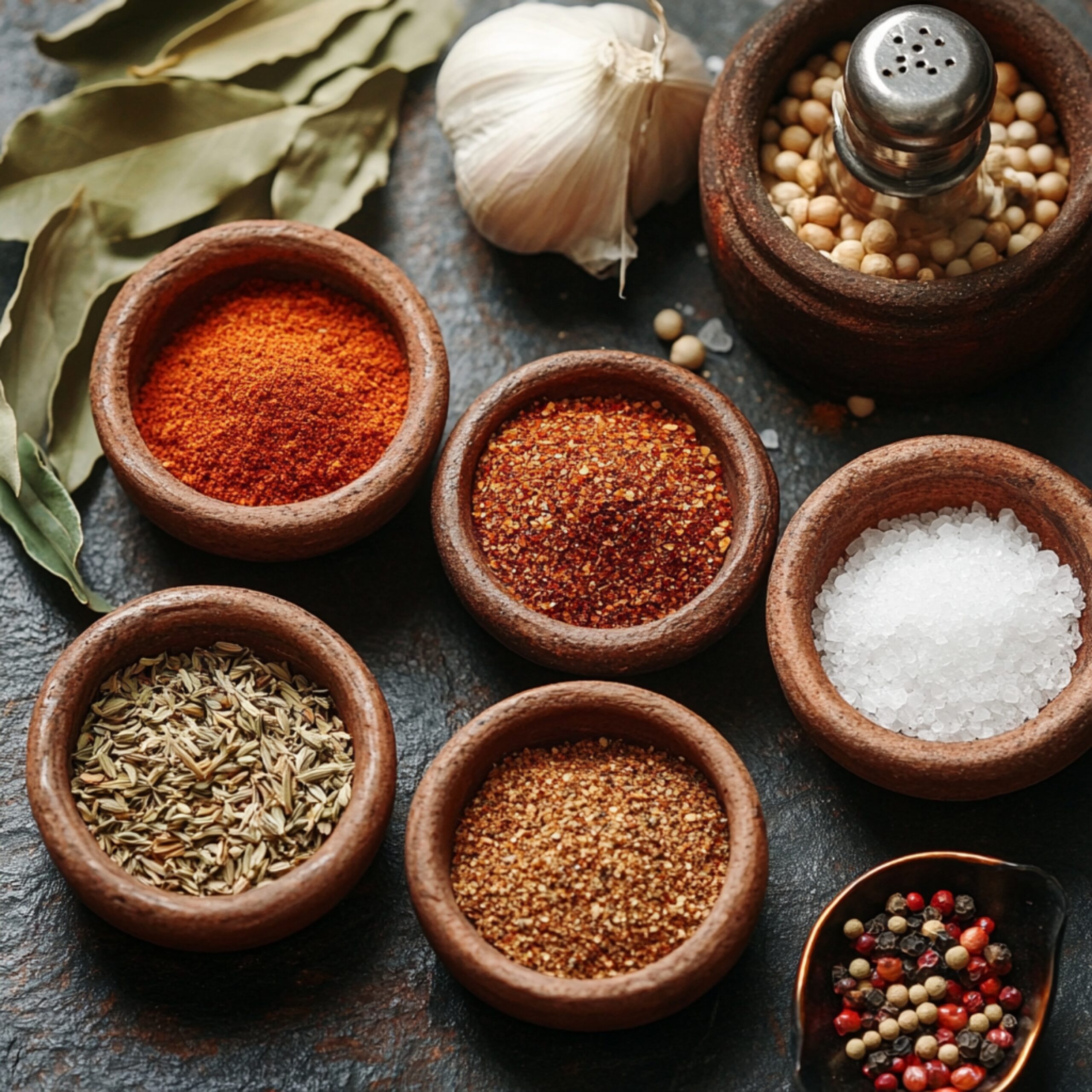 A rustic countertop with seasonings for smothered chicken wings: paprika, chili powder, thyme, garlic powder, coarse salt, bay leaves, and a garlic bulb. A small bowl of mixed peppercorns is also visible.