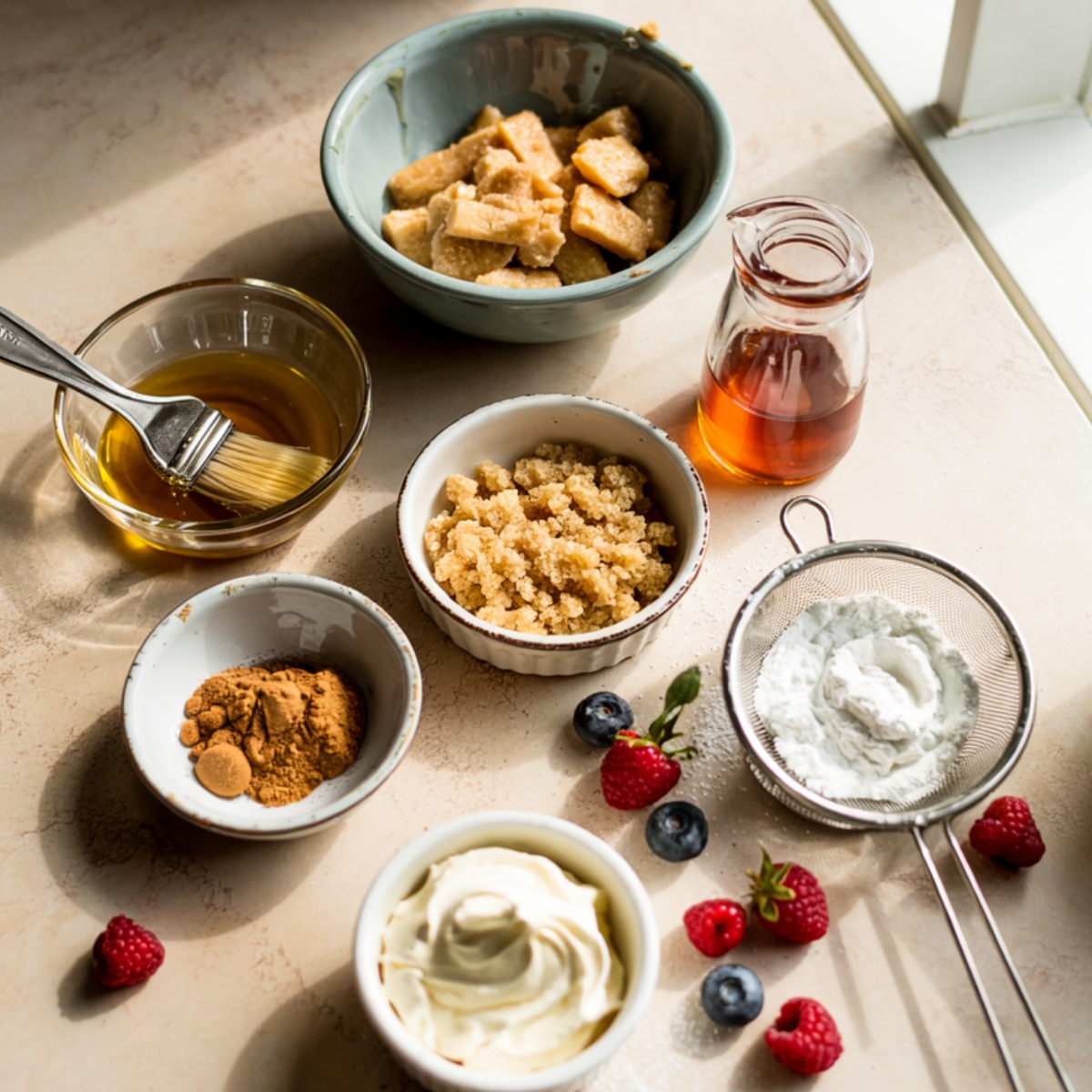 Cinnamon topping and finishing ingredients for Sopapilla Cheesecake displayed on a sunlit kitchen counter, including melted butter, brown sugar, cinnamon, powdered sugar, honey, whipped cream, and fresh berries, styled with a cozy, homemade touch.