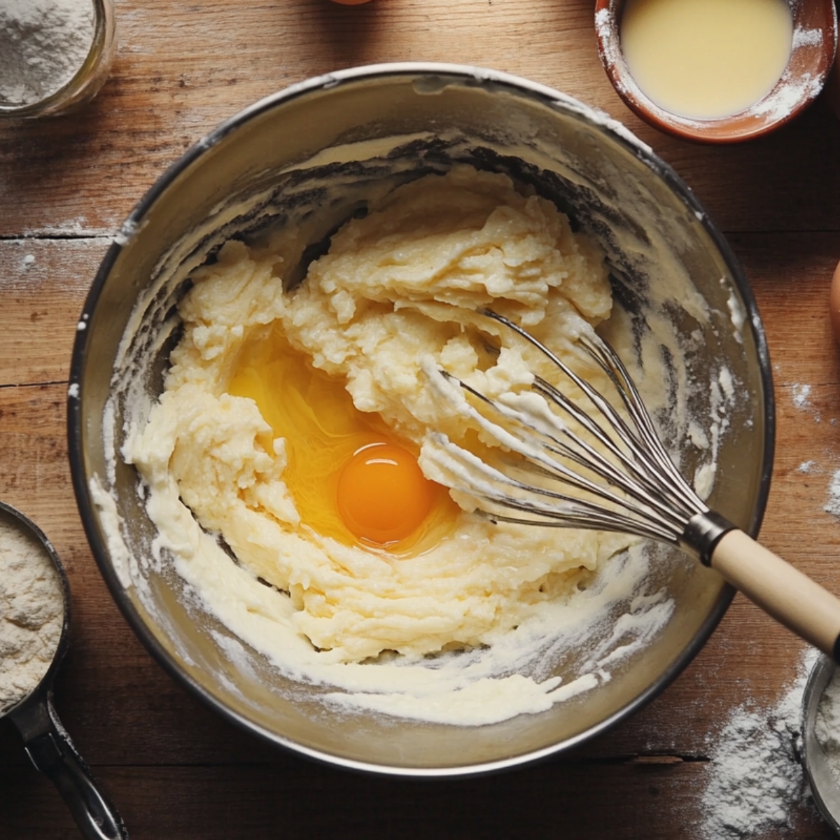 Creamed butter and sugar with a cracked egg in a mixing bowl, whisk resting inside, surrounded by flour and baking ingredients on a wooden counter.
