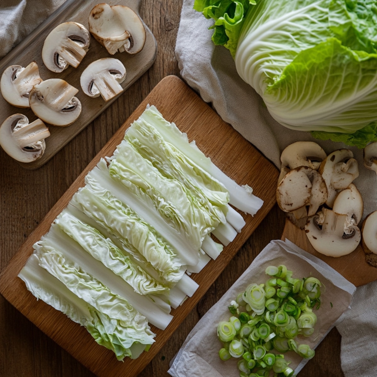An overhead image of Mille Feuille Nabe prep work, featuring neatly sliced napa cabbage, sliced mushrooms on a tray, and chopped green onions on parchment paper, all arranged on a wooden surface with soft natural lighting.