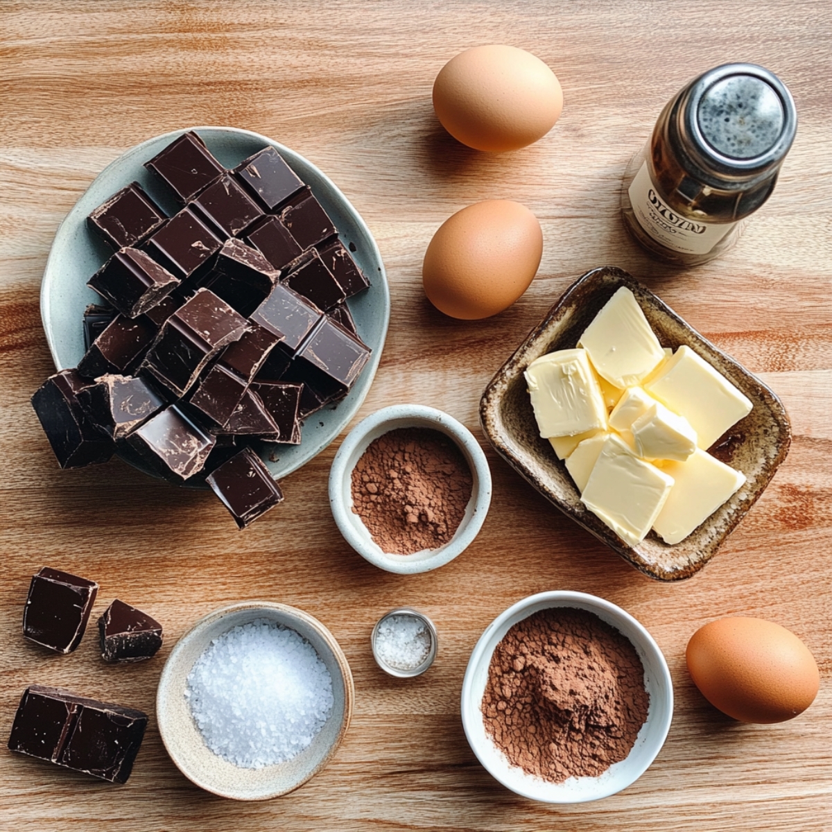 Ingredients for triple chocolate mousse cake, including dark chocolate chunks, butter cubes, eggs, cocoa powder, sea salt, and vanilla extract on a wooden counter.