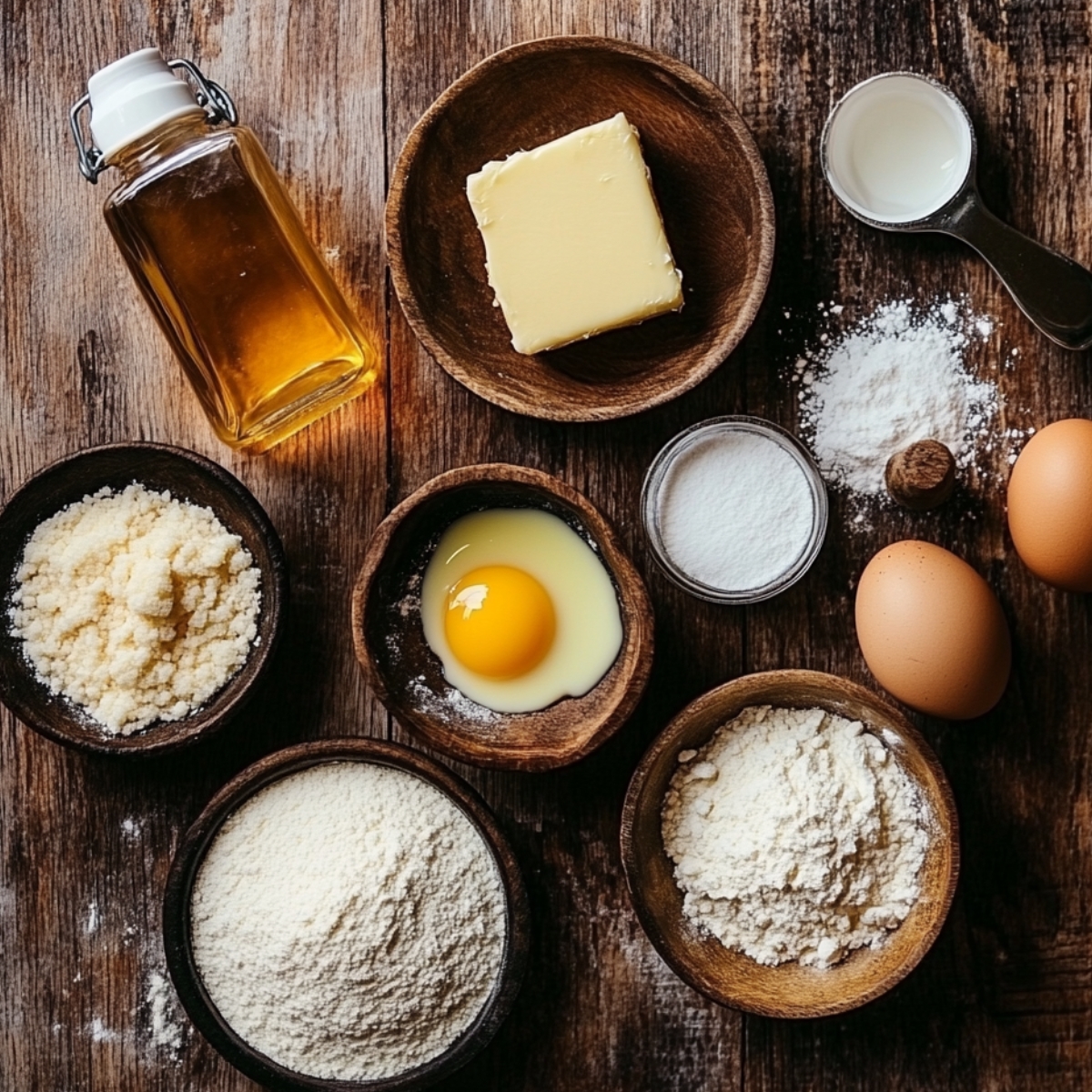 A rustic top-down view of vanilla brownie ingredients on a wooden surface, including butter, eggs, flour, sugars, vanilla extract, and baking powder, arranged in wooden and glass bowls with warm natural lighting.