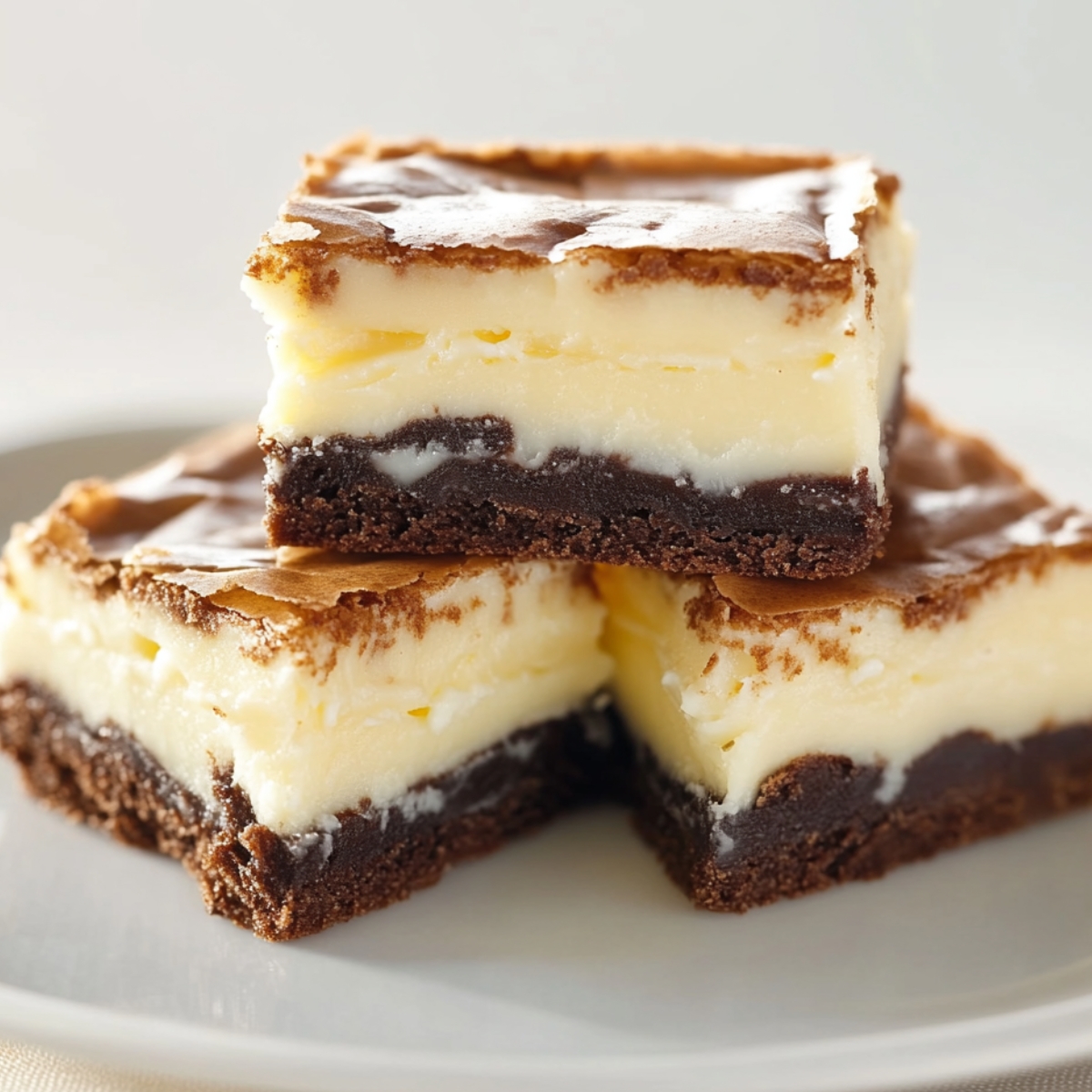 Three homemade vanilla cheesecake brownies stacked on a white plate, with a fudgy chocolate base, creamy vanilla layer, and a golden, slightly cracked top crust, lit softly to highlight the rich, real textures.