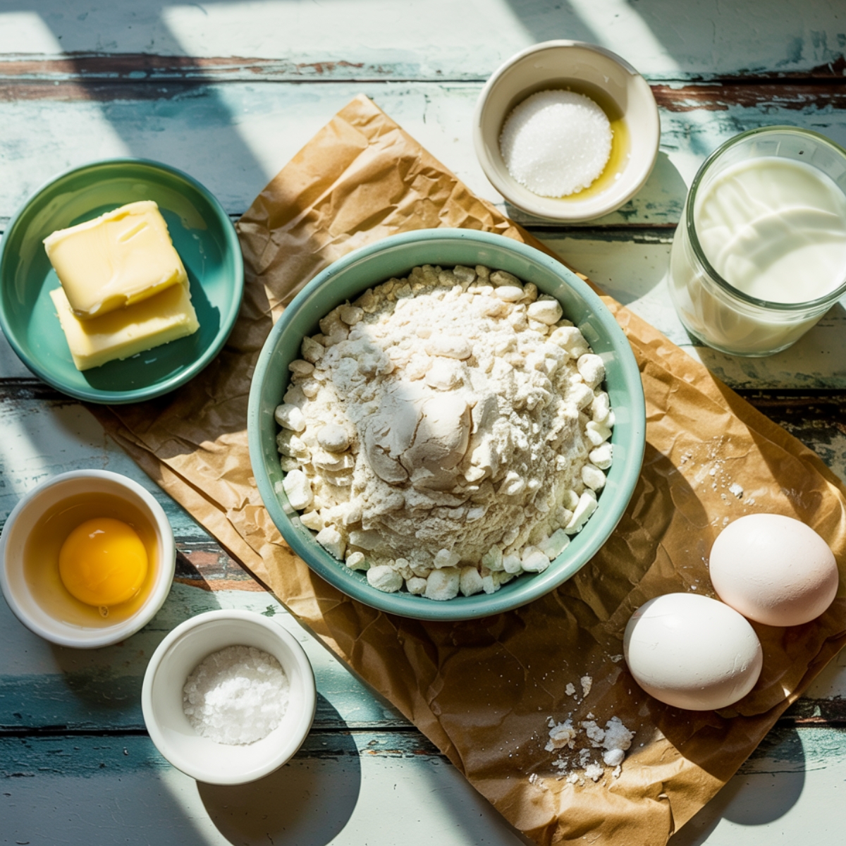 Ingredients for homemade garlic cheese rolls, including flour, eggs, butter, milk, sugar, salt, and yeast, arranged on a rustic wooden table in natural sunlight.