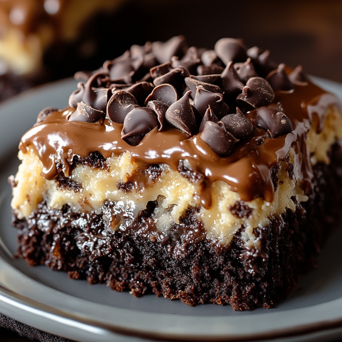 A rich slice of homemade German chocolate poke cake topped with gooey coconut-pecan filling, melted chocolate, and chocolate chips, served on a gray plate.
