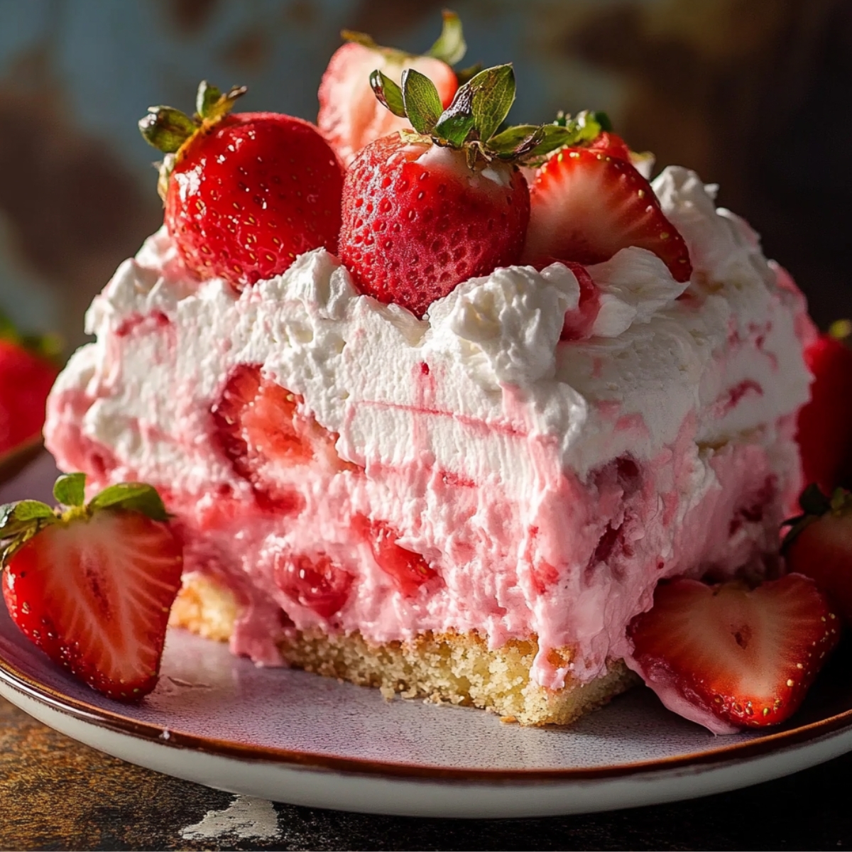 A slice of homemade strawberry poke cake topped with whipped cream and fresh strawberries, showing creamy layers and a moist vanilla base.