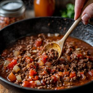 Simmering ground beef, diced tomatoes, and onions in a skillet, stirred with a wooden spoon-creating a rich, homemade sauce for creamy beef and shells.