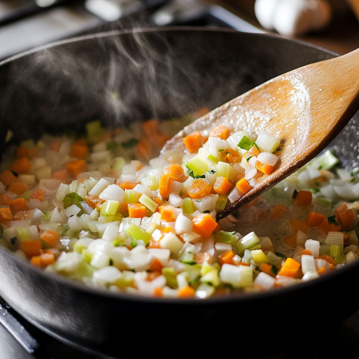 Diced onions, carrots, and celery sautéing in a cast iron skillet with steam rising, stirred with a wooden spatula.