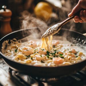 Creamy shrimp pasta in a skillet, tossed with fettuccine, pink shrimp, and fresh parsley in a rich white sauce.