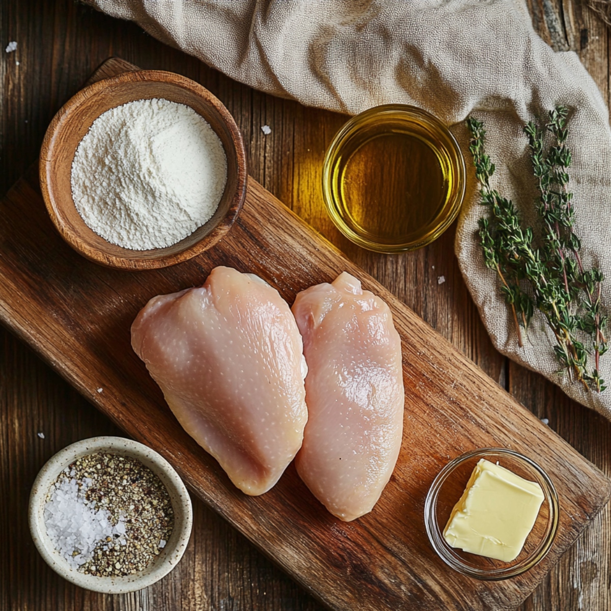 Raw chicken breasts with flour, salt and pepper, butter, olive oil, and fresh thyme on a wooden board in a rustic kitchen setting.