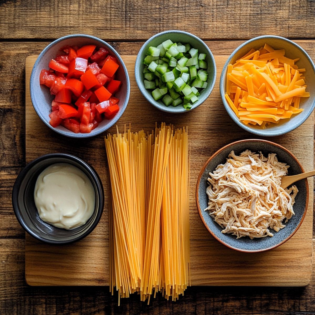 A wooden board with uncooked spaghetti, shredded chicken, diced tomatoes, bell pepper, cheddar cheese, and a small bowl of creamy sauce, all neatly arranged for a homemade chicken spaghetti recipe.