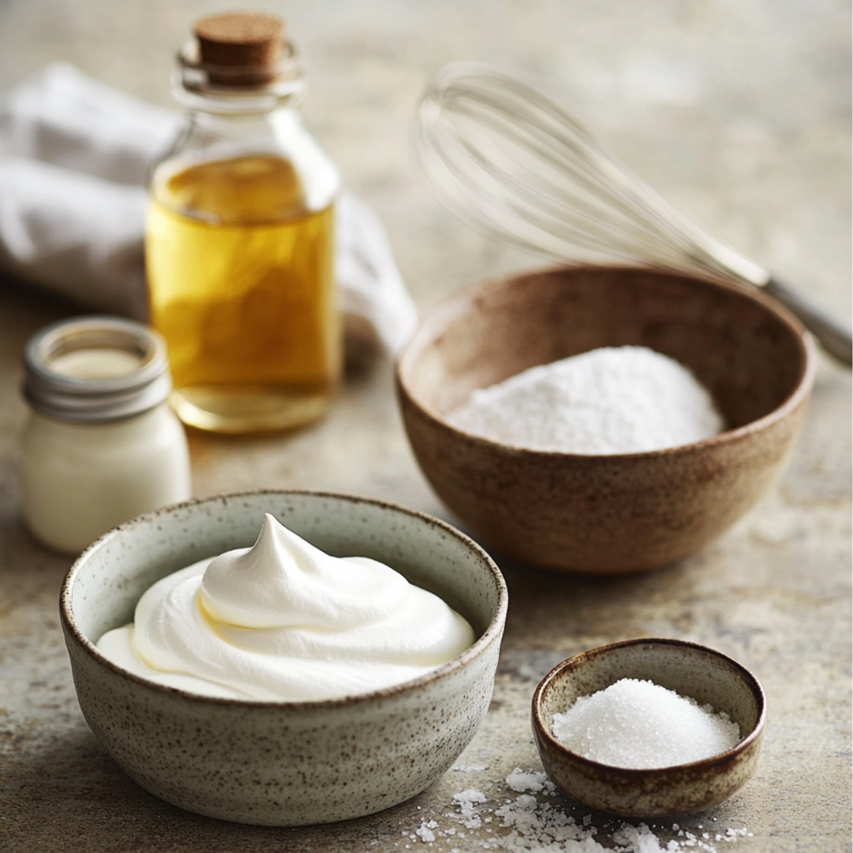 Whipped meringue, sugar, vanilla, and cream arranged on a rustic counter with a whisk in the background.
