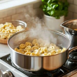 Cheese tortellini boiling in a steamy pot on the stove, with cooked pasta and fresh basil in the background.