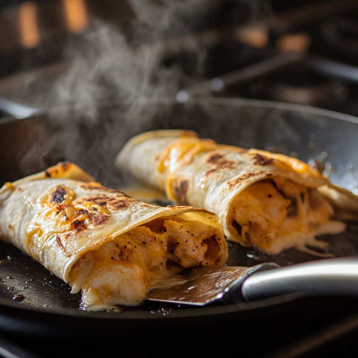 Cheesy garlic chicken wraps cooking in a skillet, golden and crispy with melted cheese and steam rising for a fresh, homemade look.
