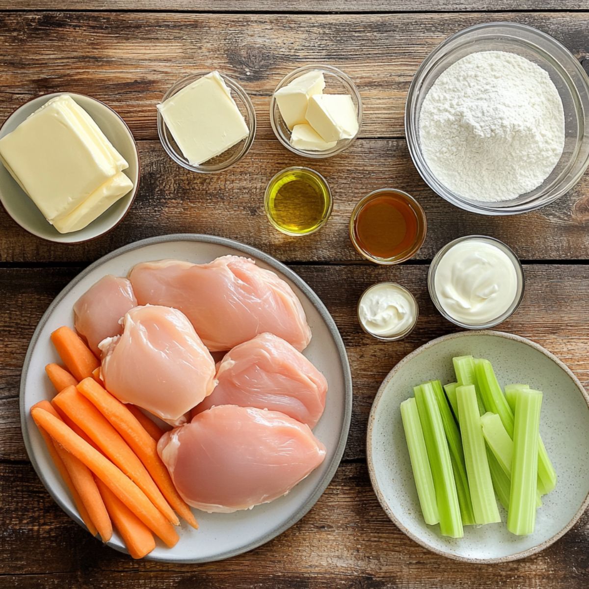 Ingredients for creamy chicken noodle soup on a rustic table, including raw chicken breasts, carrots, celery, butter, flour, olive oil, cream, and sour cream.