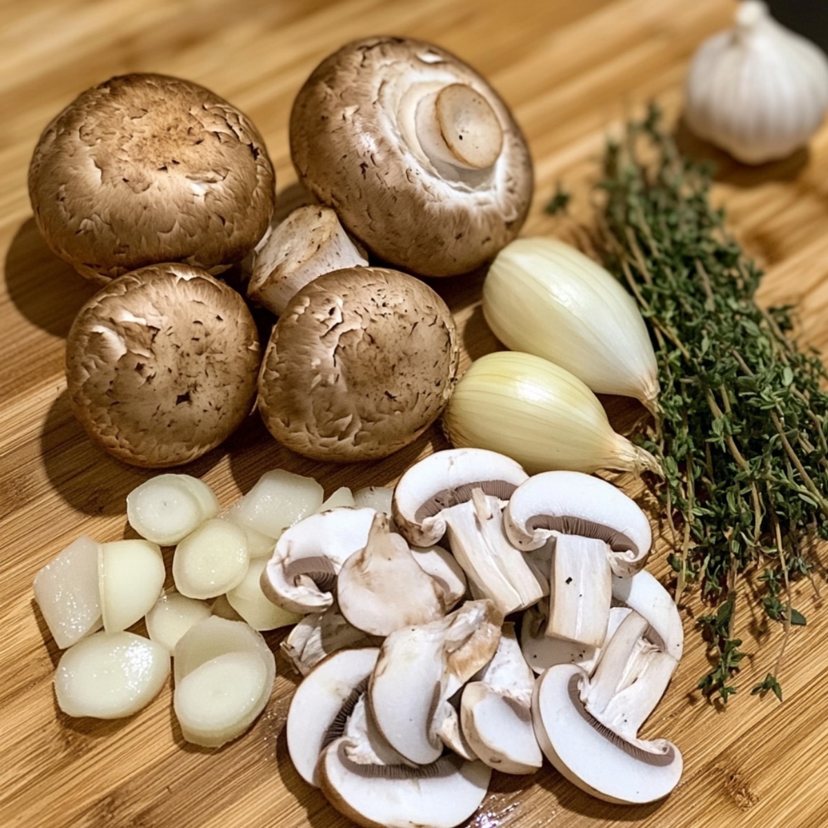Fresh cremini mushrooms, pearl onions, garlic, thyme, and sliced parsnips on a wooden board for creamy mushroom soup prep.