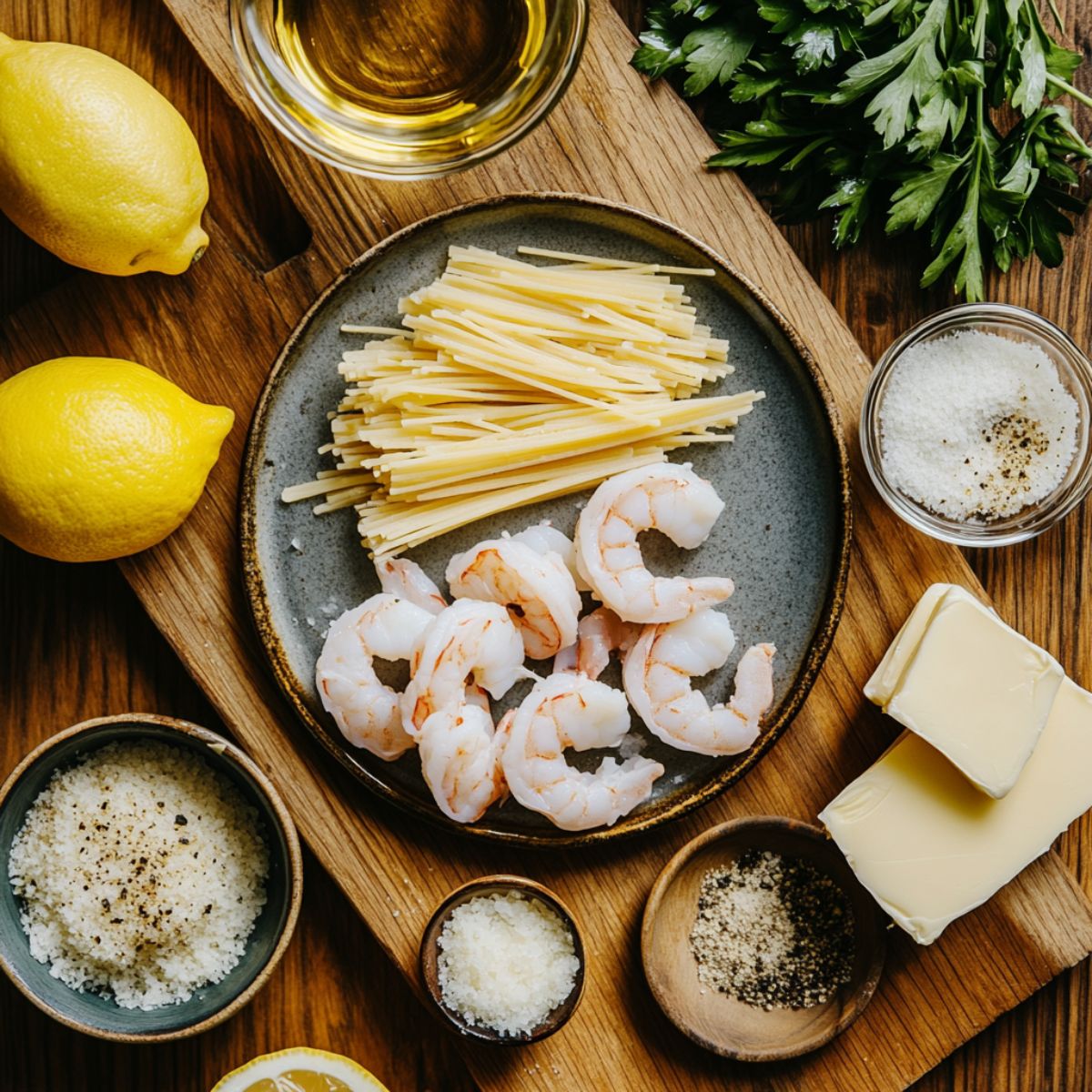 Ingredients for creamy shrimp pasta laid out on a wooden table, including raw shrimp, pasta, butter, Parmesan, lemons, parsley, seasonings, and white wine.
