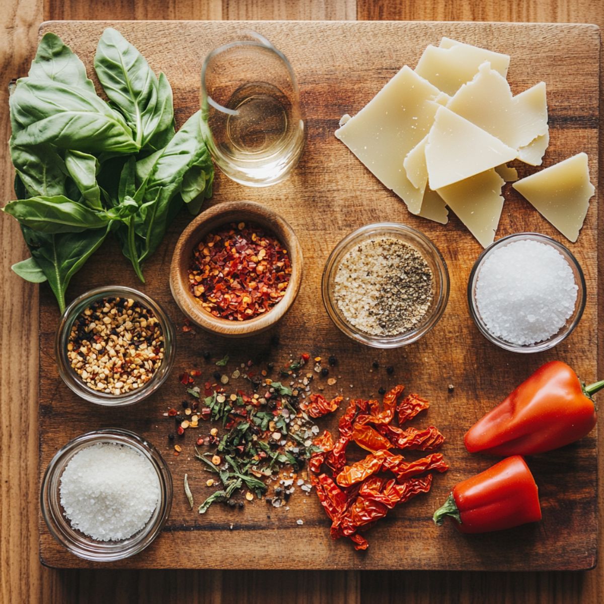 Assorted flavor boosters for creamy tomato pasta, including basil, Parmesan, spices, sun-dried tomatoes, red peppers, and white wine on a wooden board.