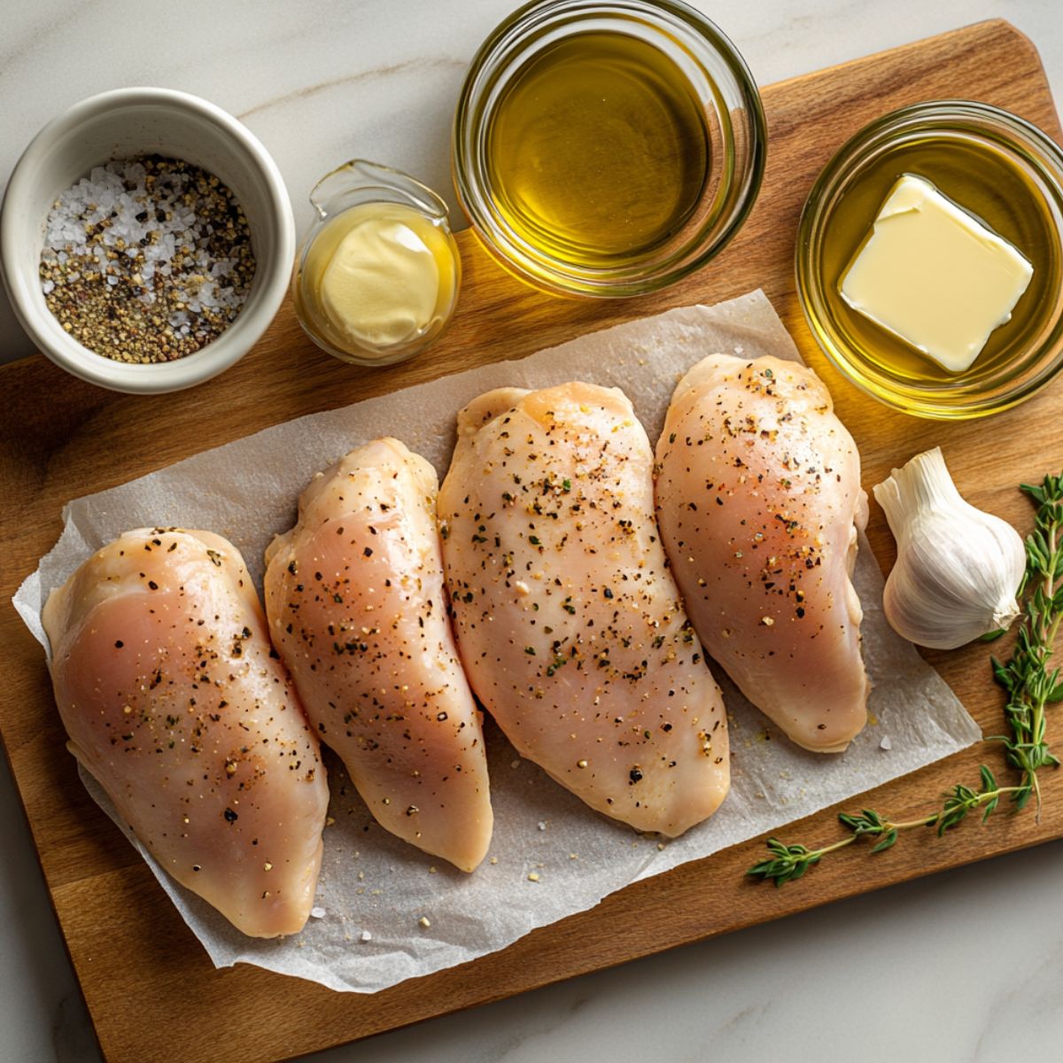 Seasoned raw chicken breasts on a cutting board with olive oil, butter, garlic, salt, pepper, mustard, and fresh thyme — ready for a homemade creamy Tuscan chicken recipe.