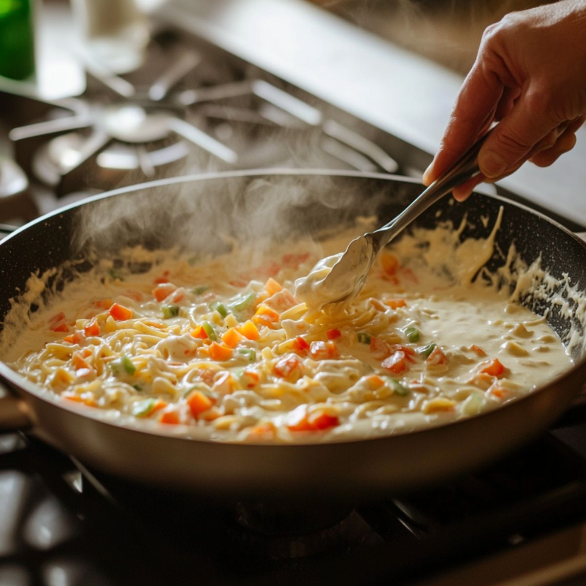 A creamy chicken spaghetti sauce with diced peppers simmers in a skillet, being stirred with tongs as steam rises from the hot, homemade mixture.