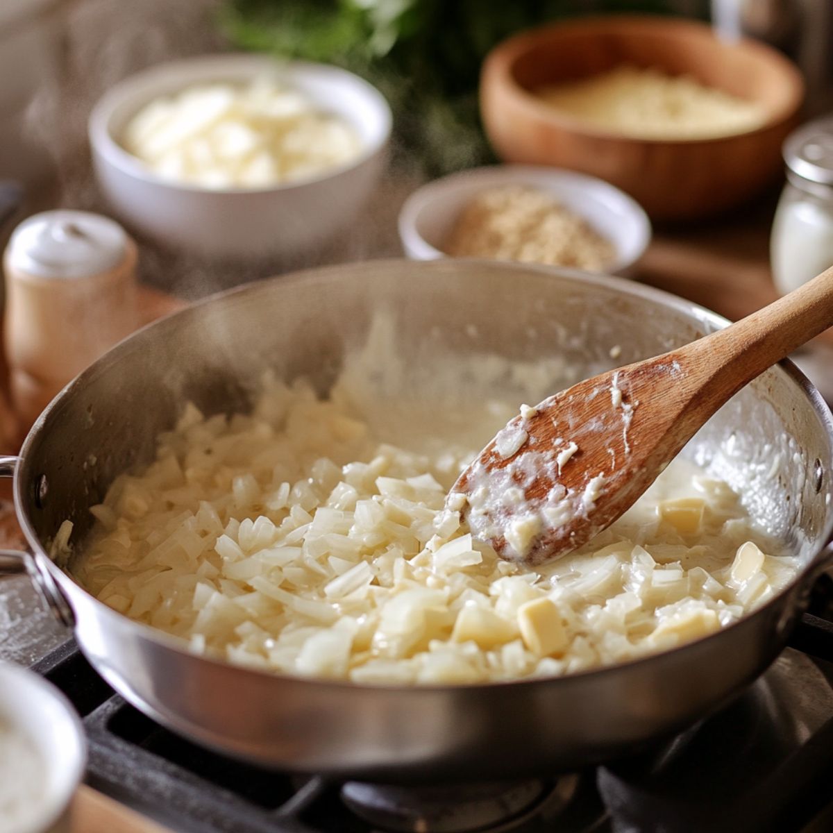 Diced onions cooking in a creamy sauce in a skillet, stirred with a wooden spoon during homemade casserole prep.
