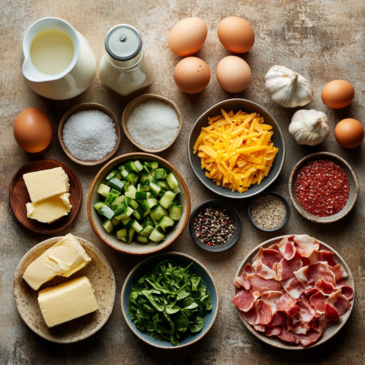Rustic top-down view of fresh egg bites ingredients on a kitchen counter, including eggs, cheese, bacon, spinach, butter, garlic, milk, and seasonings, all arranged in small bowls.