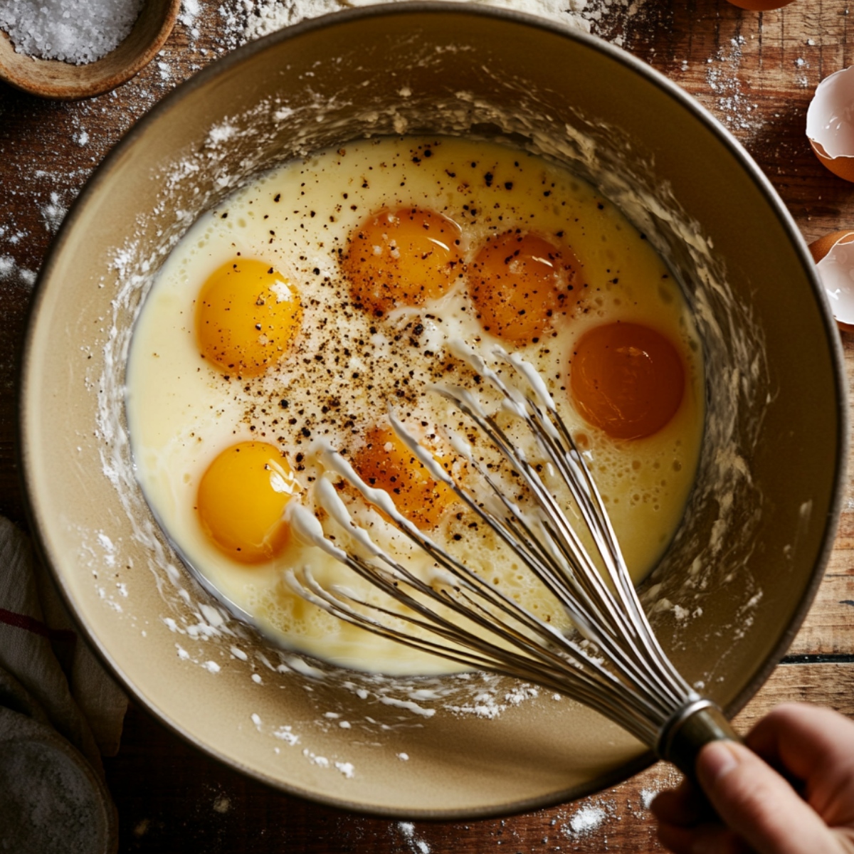 Eggs, cream, and pepper being whisked in a bowl on a floured wooden countertop, with eggshells and salt nearby.