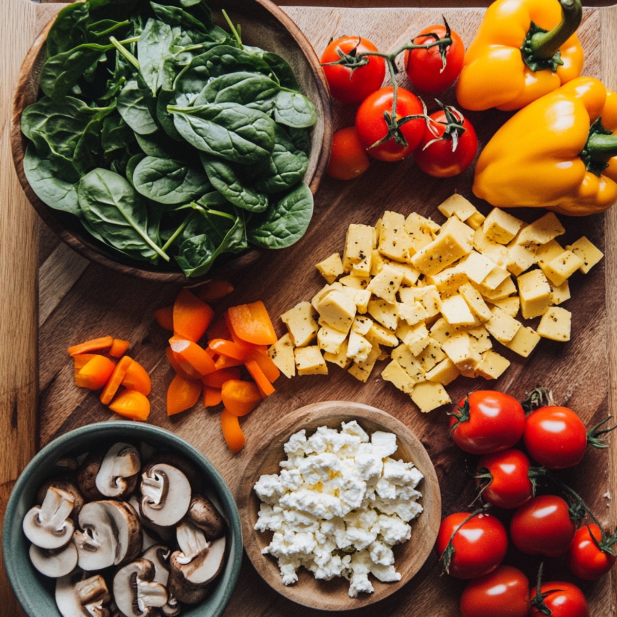 Fresh frittata ingredients on a wooden board, including spinach, cherry tomatoes, mushrooms, bell peppers, cheddar cubes, and feta cheese.