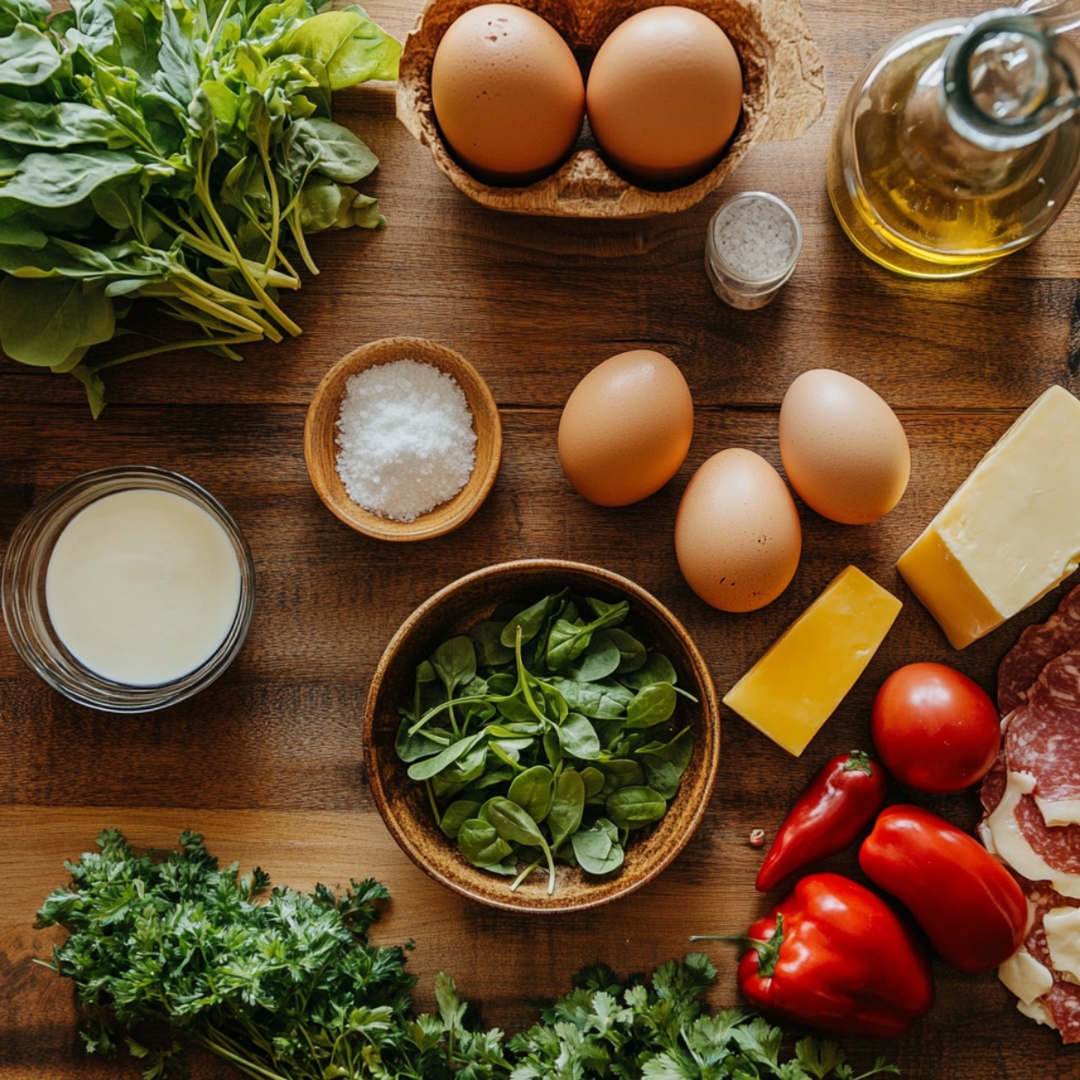 Fresh frittata ingredients on a wooden counter, including eggs, spinach, cheese, tomatoes, bell peppers, herbs, cream, and olive oil.