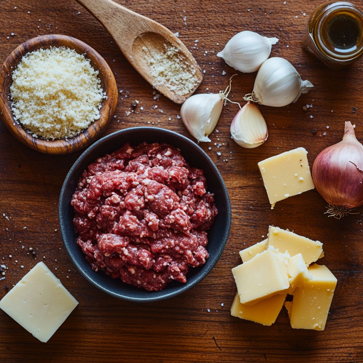 Fresh ingredients for garlic parmesan cheeseburger bombs, including ground beef, garlic, cheese, onion, and grated parmesan on a wooden table.