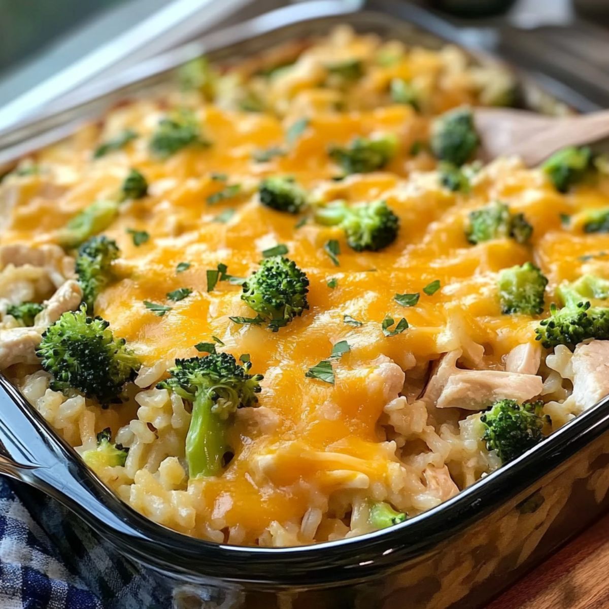 Homemade cheesy chicken broccoli rice casserole in a glass dish, topped with melted cheddar, fresh broccoli, and parsley, ready to serve with a wooden spoon.