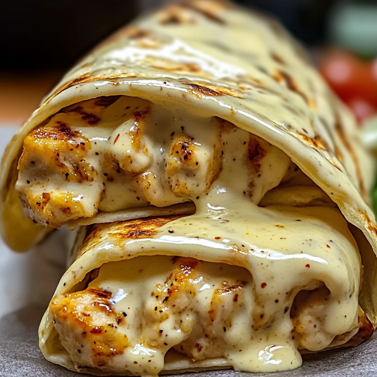 Homemade cheesy garlic chicken wraps with grilled chicken and creamy garlic cheese sauce melting from a toasted tortilla, served fresh and gooey.