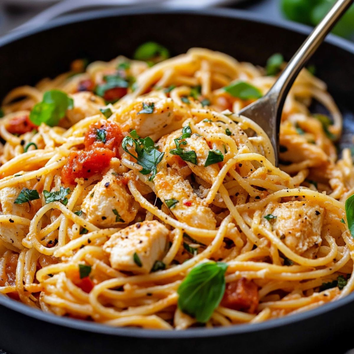 A skillet of homemade Chicken Spaghetti Recipe with golden noodles, juicy chicken chunks, fresh tomato sauce, and garnished with parsley and basil. A fork rests in the pasta, highlighting its warm, rustic, just-cooked appeal.