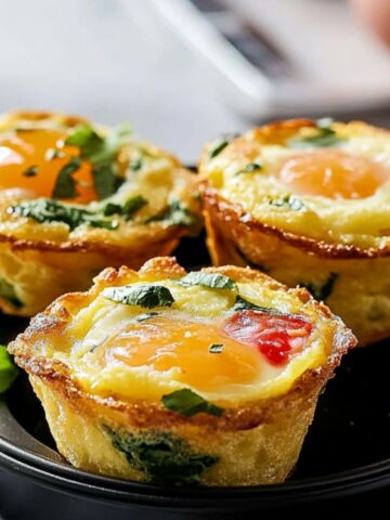 Three golden-brown homemade Egg Bites Muffin Tins with whole egg yolks, herbs, and veggies, served in a black dish on a white napkin, with eggs and a glass of water in the blurred background.