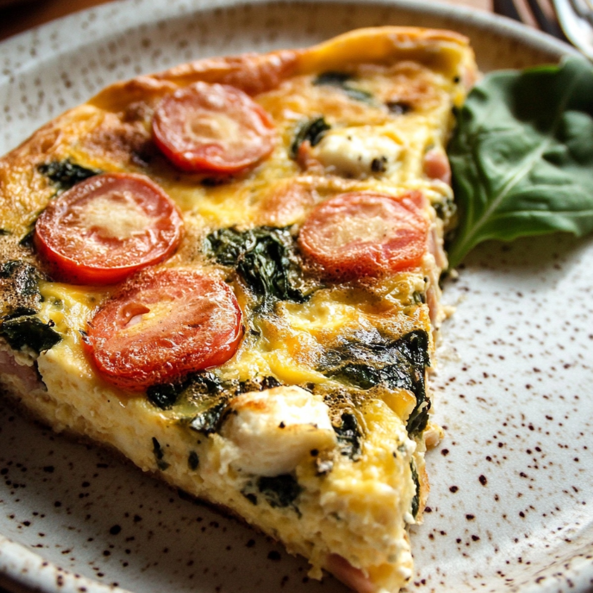 Homemade Frittata Recipe slice with cherry tomatoes, spinach, and cheese on a rustic ceramic plate, garnished with a fresh spinach leaf.