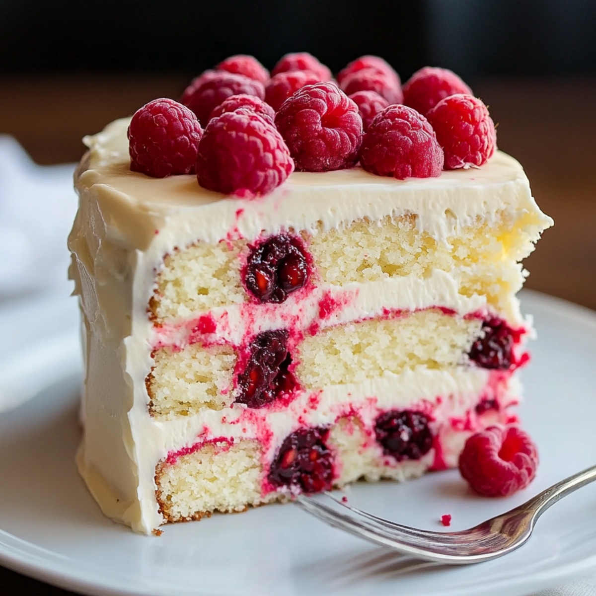 Homemade white chocolate raspberry cake slice with three moist layers, fresh raspberries, and creamy white chocolate frosting, served on a white plate with a fork.
