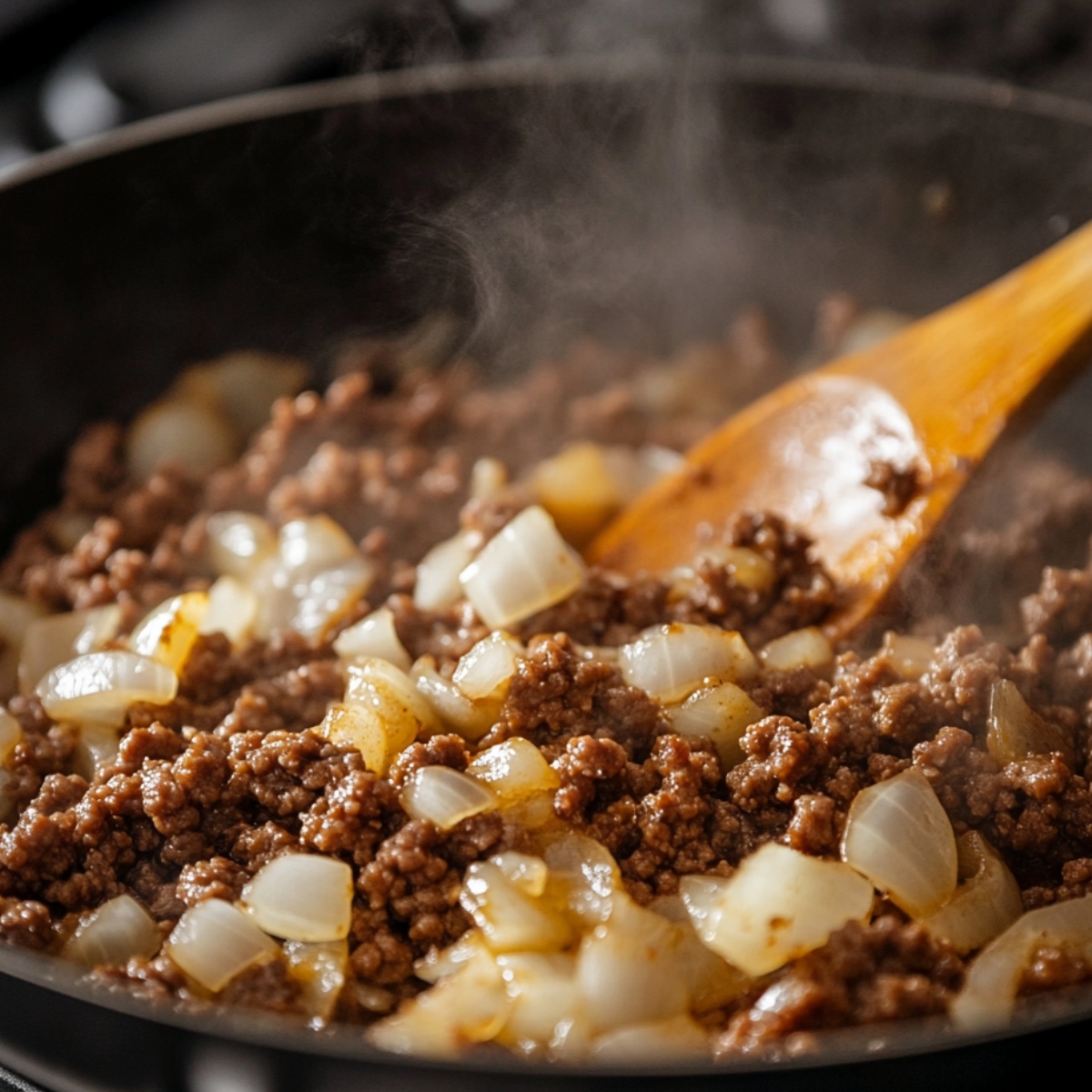 Ground beef and diced onions sautéing in a skillet with steam rising, stirred with a wooden spoon—part of a homemade creamy beef and shells recipe.
