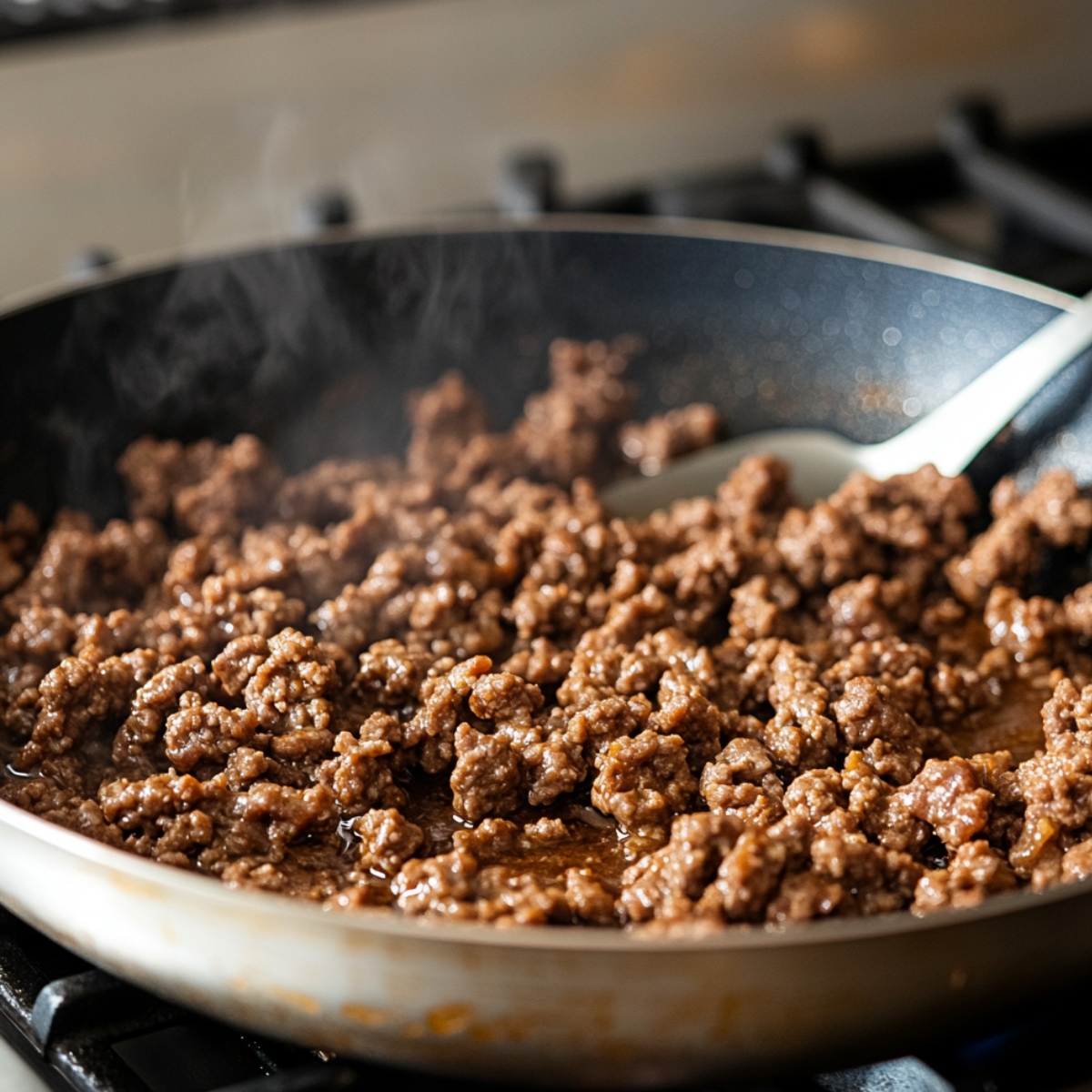 Ground beef browning in a skillet with steam rising, ready for a homemade creamy beef and shells recipe.