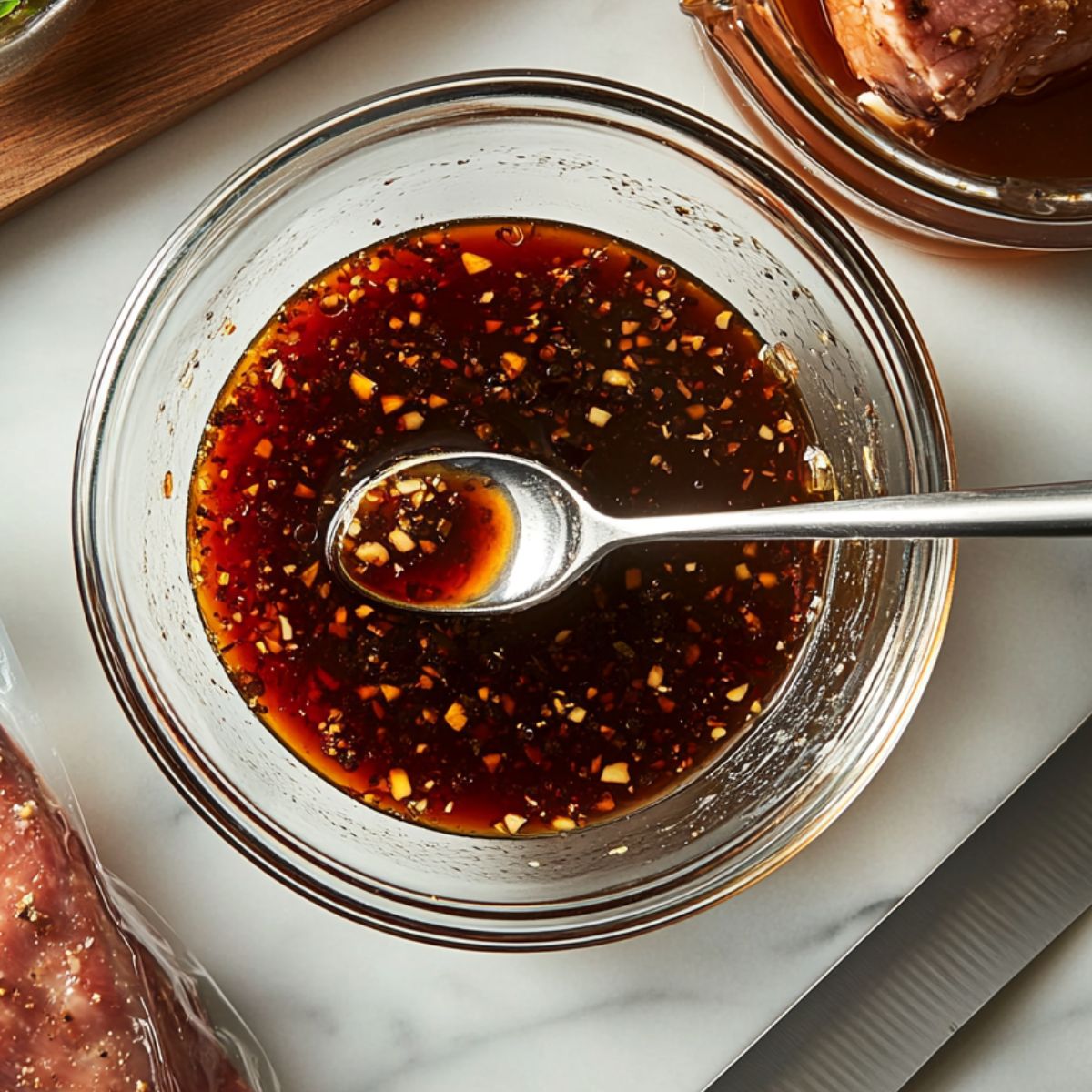 A glass bowl of honey garlic marinade with minced garlic and black pepper, stirred with a spoon, beside raw pork in a ziplock bag on a clean white countertop.