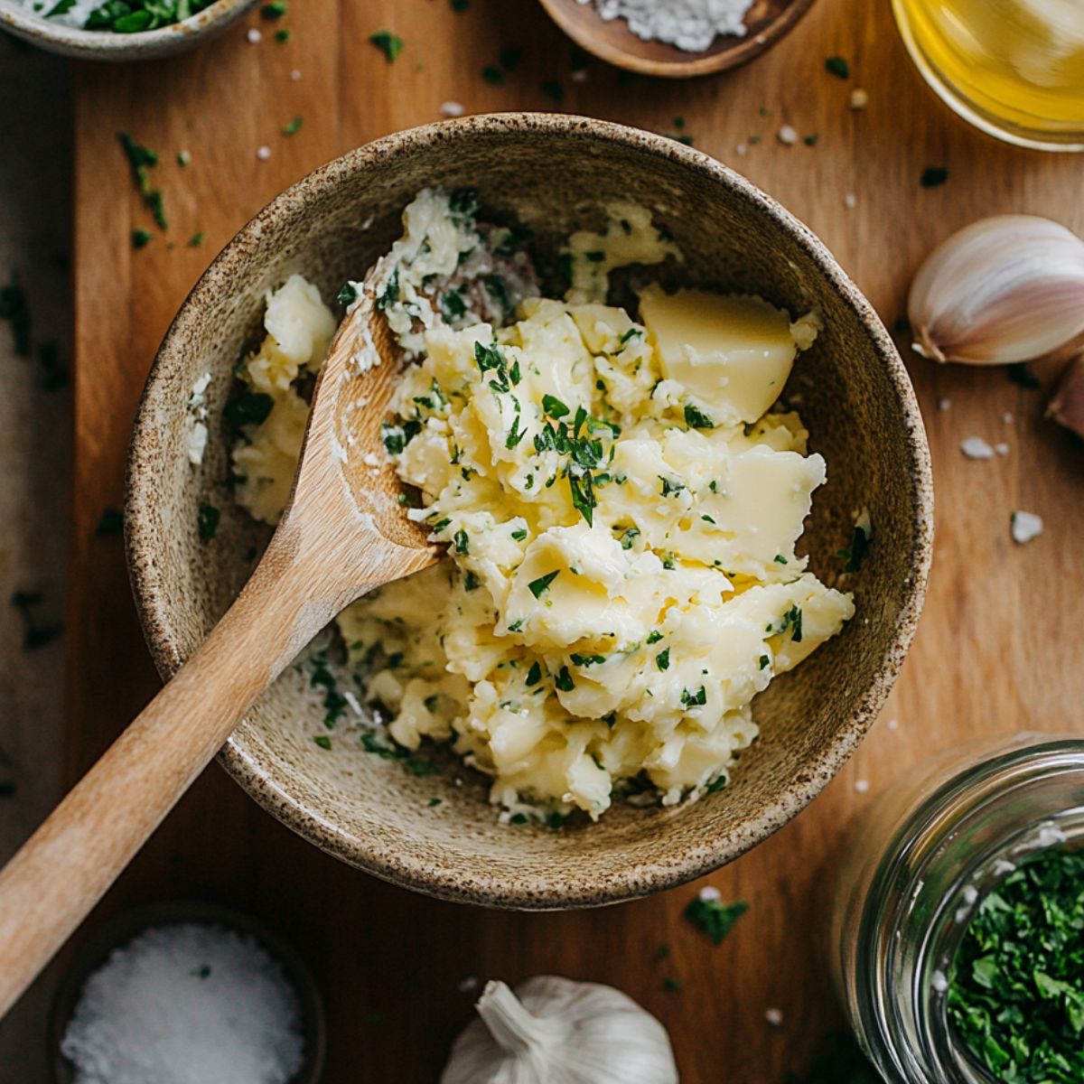 Bowl of softened butter mixed with chopped parsley, surrounded by garlic, salt, and herbs on a wooden surface—prepping garlic butter for homemade wraps.