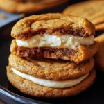 Homemade Pumpkin Cheesecake Cookies with creamy cheesecake filling, with one cookie bitten to show the moist, spiced center and smooth filling on a black plate.