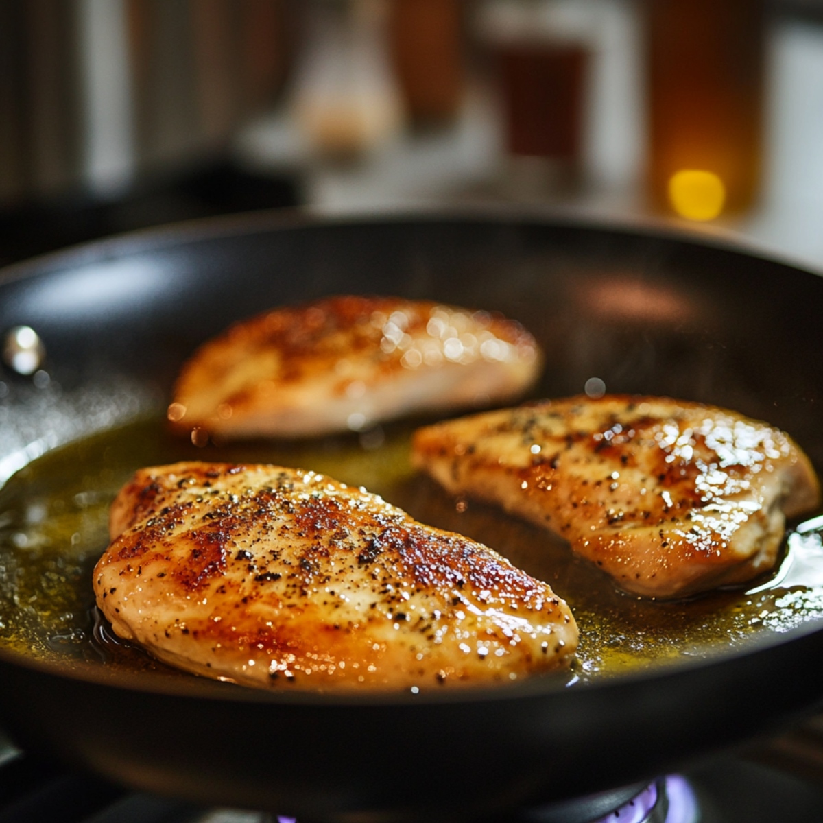 Golden seared chicken breasts cooking in a skillet with butter and oil, steam rising in a cozy kitchen setting.