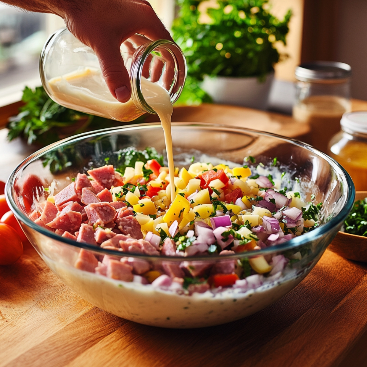 Hand pouring creamy Italian dressing over chopped meats, peppers, onions, and herbs in a glass bowl for a homemade Italian sandwich.