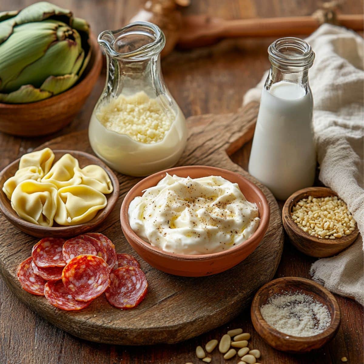 Homemade tortellini pasta salad ingredients including mayonnaise, pepperoni, pine nuts, Parmesan, tortellini, and milk on a rustic wooden board.