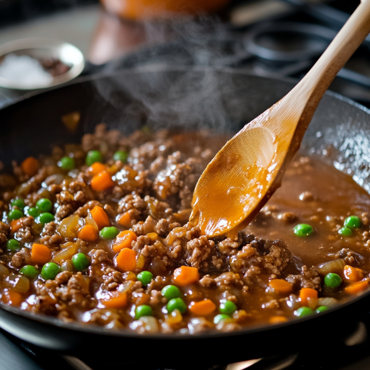 A steaming skillet of simmering ground meat, peas, carrots, and onions in a rich brown gravy being stirred with a wooden spoon—part of a homemade shepherd’s pie filling.