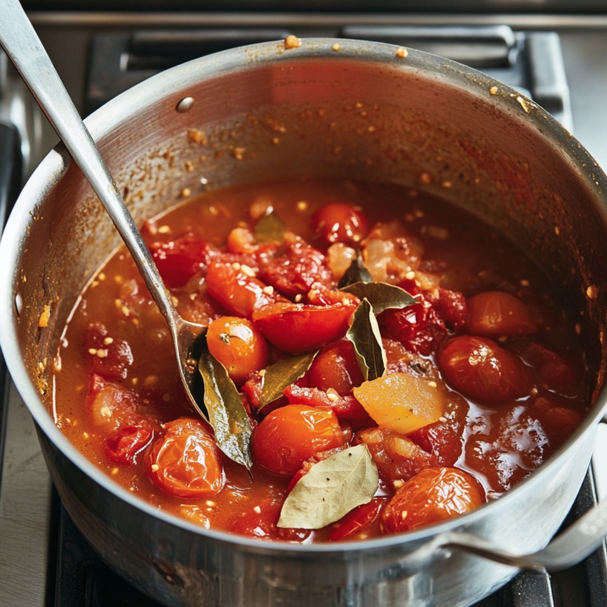 A pot of simmering tomato soup with whole cherry tomatoes, diced tomatoes, and bay leaves in a rich red broth. A metal spoon stirs the mixture on a stovetop, giving a warm, homemade feel.