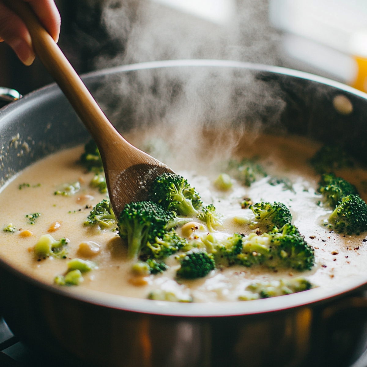 Stirring fresh broccoli florets into a creamy, simmering soup base with a wooden spoon while making homemade broccoli cheddar soup.